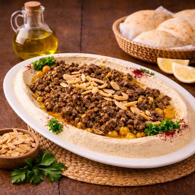 Hummus with almonds and meat